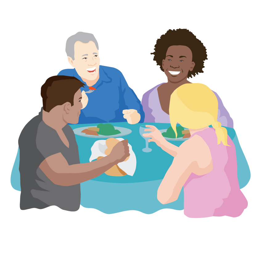 Four people are talking during a meal