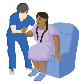 Person assisting another person to stand up out of a chair.]