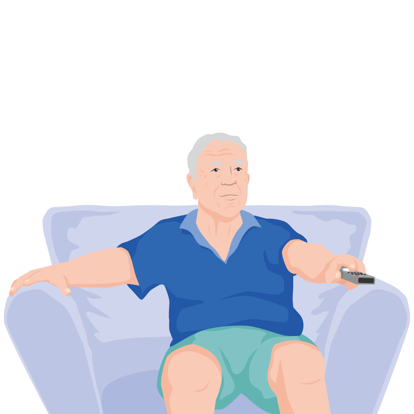 A man is sitting and holding a TV remote