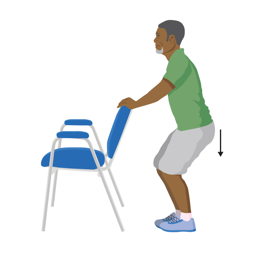 A person standing, holding on to the back of a chair in front of them. The person slowly lowers into a half squat position ..