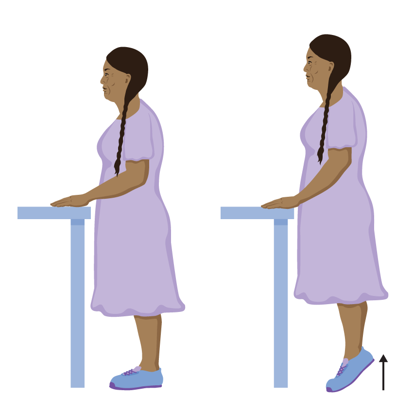 A person standing, holding on to back of chair in front of them. Person rises up on to their toes