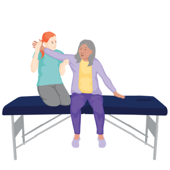 A person is sitting on a plinth while a clinician assists them to lift their arm