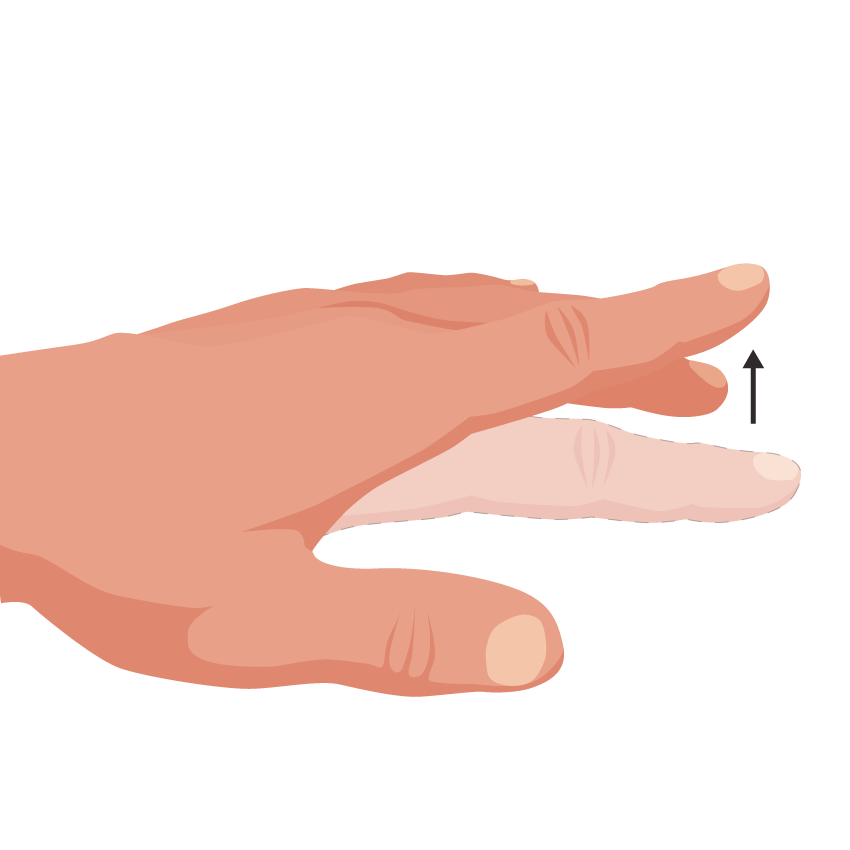 Close up image of person placing palm down on surface and lifting index finger up