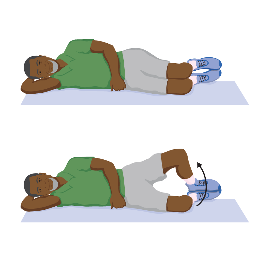 A person lying on their side, keeping feet together and hips still, lifting one knee upwards away from the other