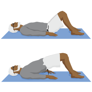 A person lying on their back with knees slightly bent and feet on ground. Person then lifts hips up towards the sky until the